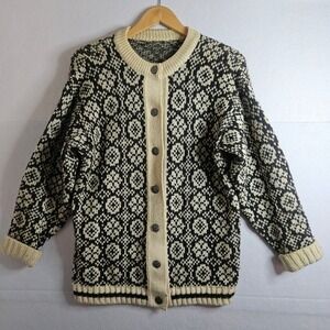 A.S. Evebofoss‎ Norway Pure New Wool Cardigan Sweater Black Cream Nordic Mens 44